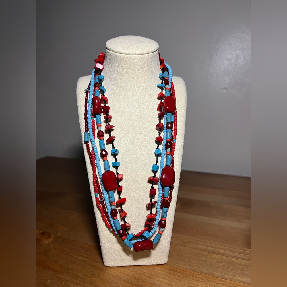 Beaded Necklace Teal and Red Color Simulated Coral and Howlite